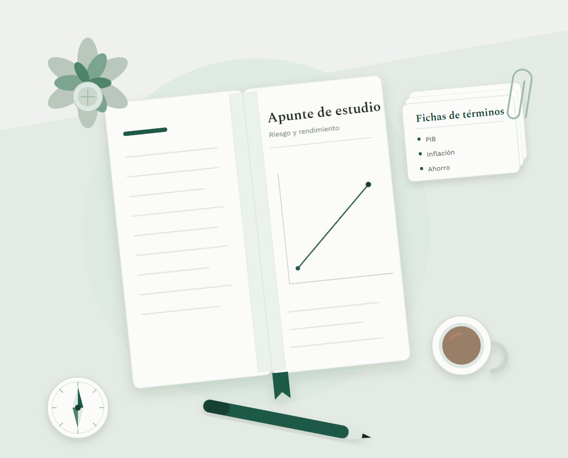 Escritorio de estudio de la redacción con cuadernos de economía y fichas de términos ordenadas con prolijidad